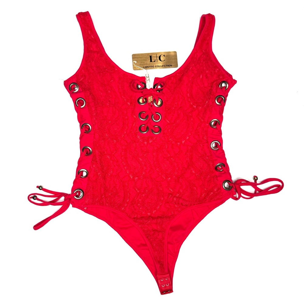New LC Lizette Collection Women’s Size M Red Side Lace-Up Bodysuit